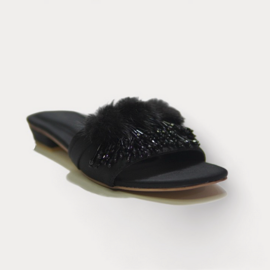 Black Fur-Trimmed Slides