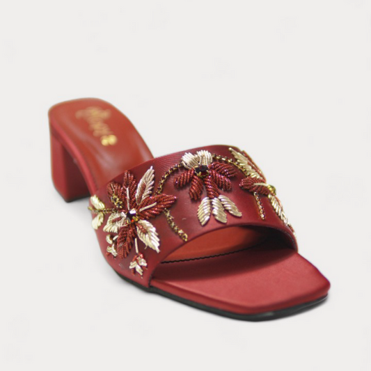 Red Bloom Beaded Heel Sandals