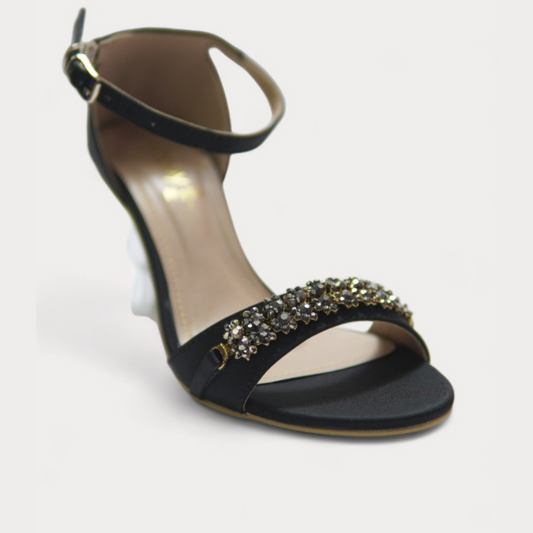 Black Heeled Sandals with Glittering Strap Accent