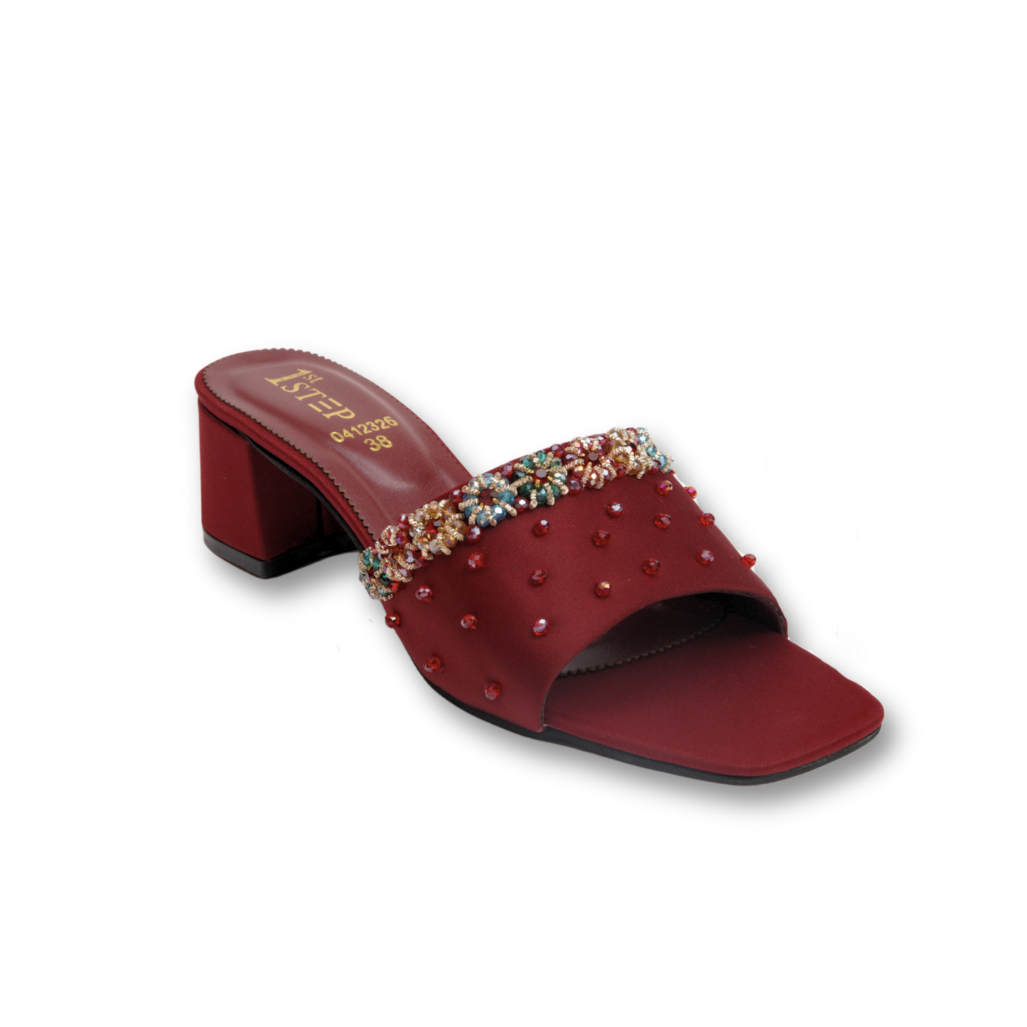 Burgundy Embellished Block Heel Sandals