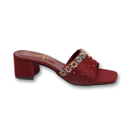 Burgundy Embellished Block Heel Sandals