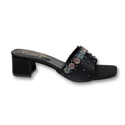 Black Embellished Block Heel Sandals