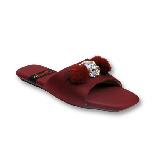 Red Fur-Pom Flat Sandals