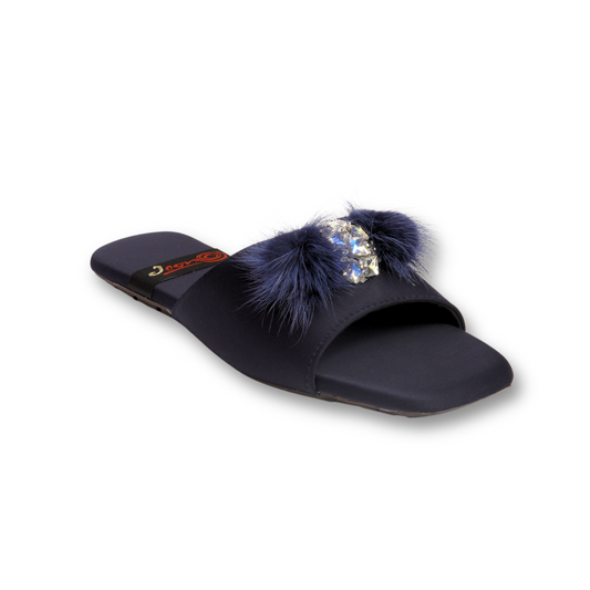 Navy Fur-Pom Flat Sandals