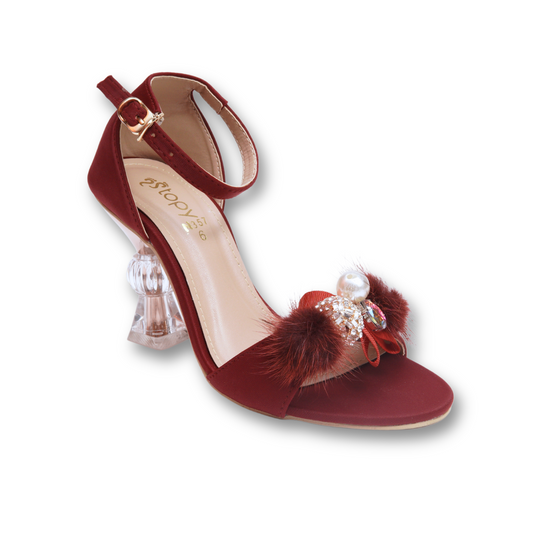 Burgundy Fur-Pom Ankle Strap Heels