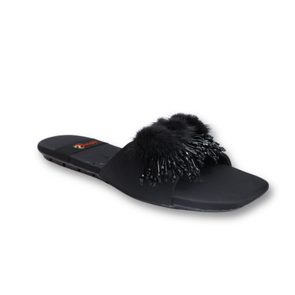 Black Fur-Pom Beaded Flat Sandals