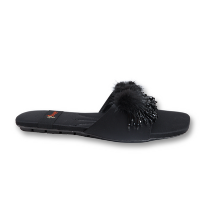 Black Fur-Pom Beaded Flat Sandals