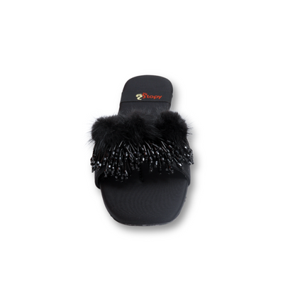 Black Fur-Pom Beaded Flat Sandals