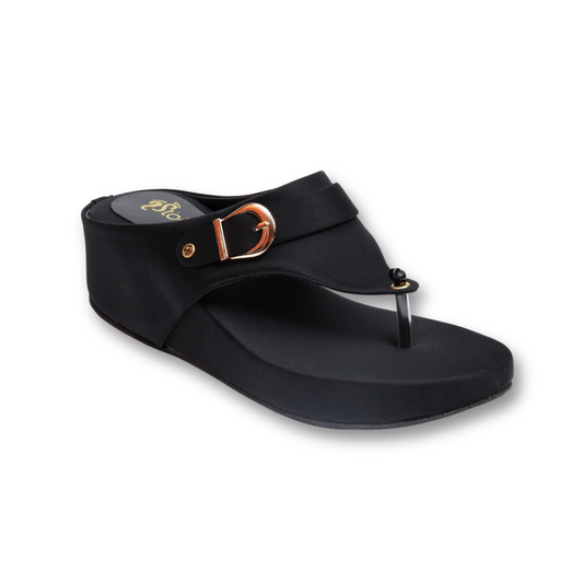 Black Buckle Thong Wedge Sandals