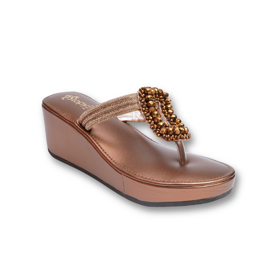 Bronze Beaded Thong Wedge Sandals